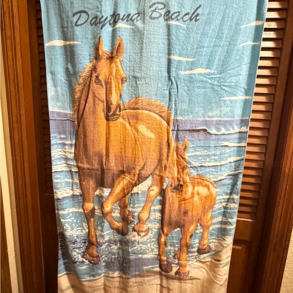 Daytona Beach Horse Print Beach Towel - vintage- Blue and Brown